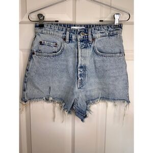 Zara Denim Jean Shorts Frayed Hem Acid Wash High Waist Casual Size 4‎